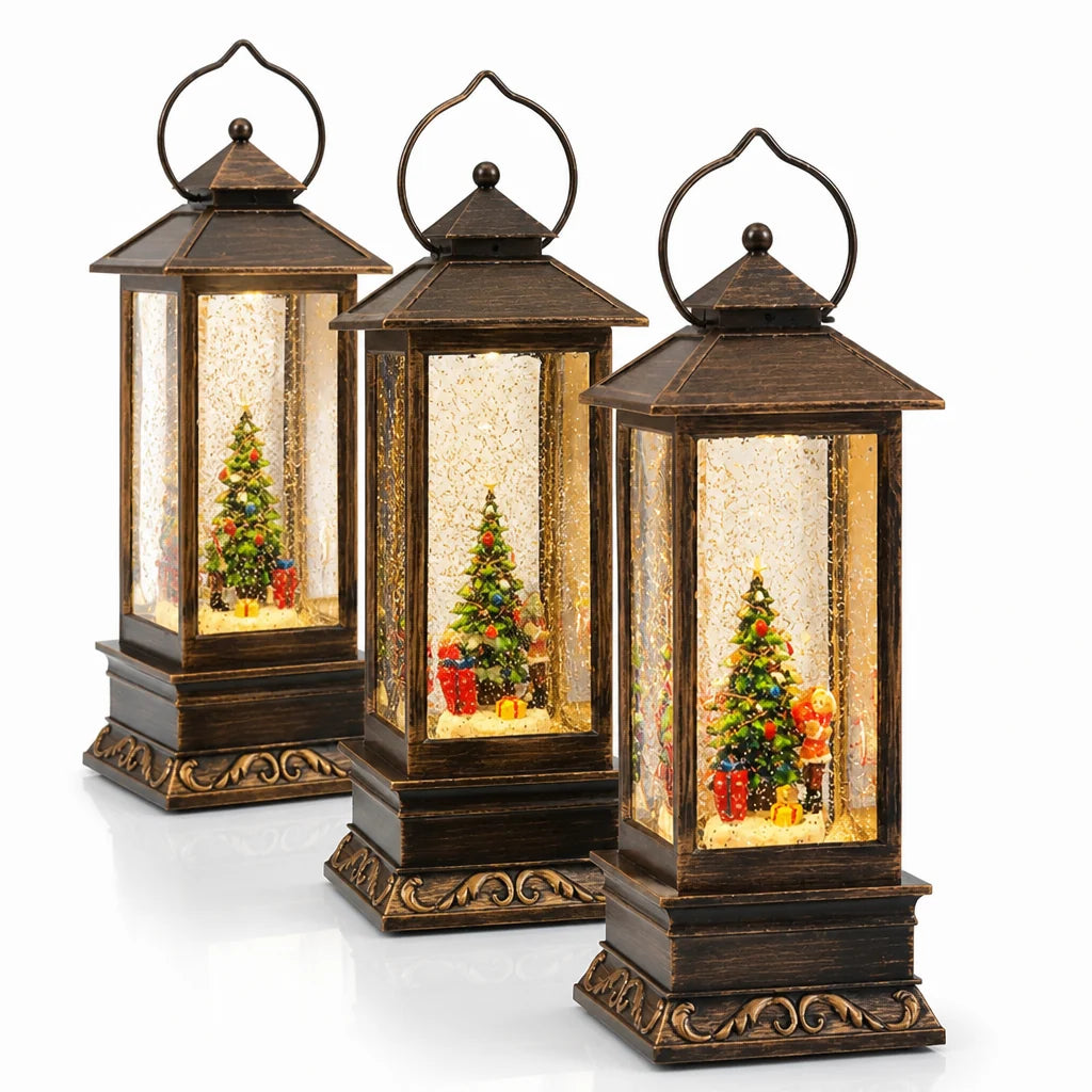 Christmas Lantern | Hand-Carved Resin Snow Globe & Warm LED | USB & Battery Powered
