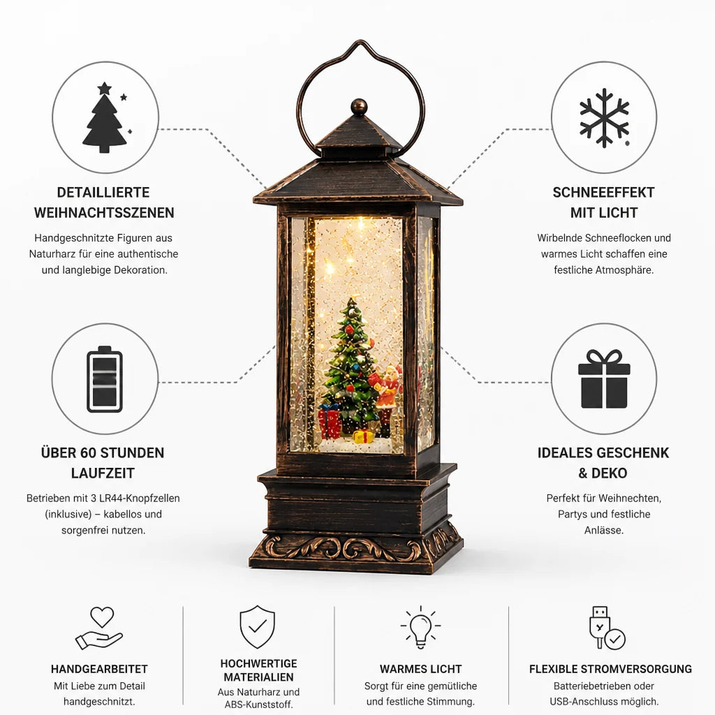 Christmas Lantern | Hand-Carved Resin Snow Globe & Warm LED | USB & Battery Powered