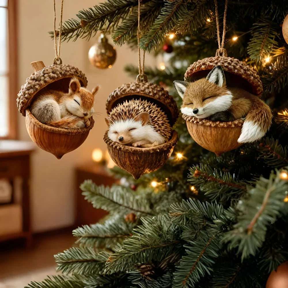 Christmas Tree Ornament | Woodland Acorn Design & Flat Acrylic | Choose From 6 Animals