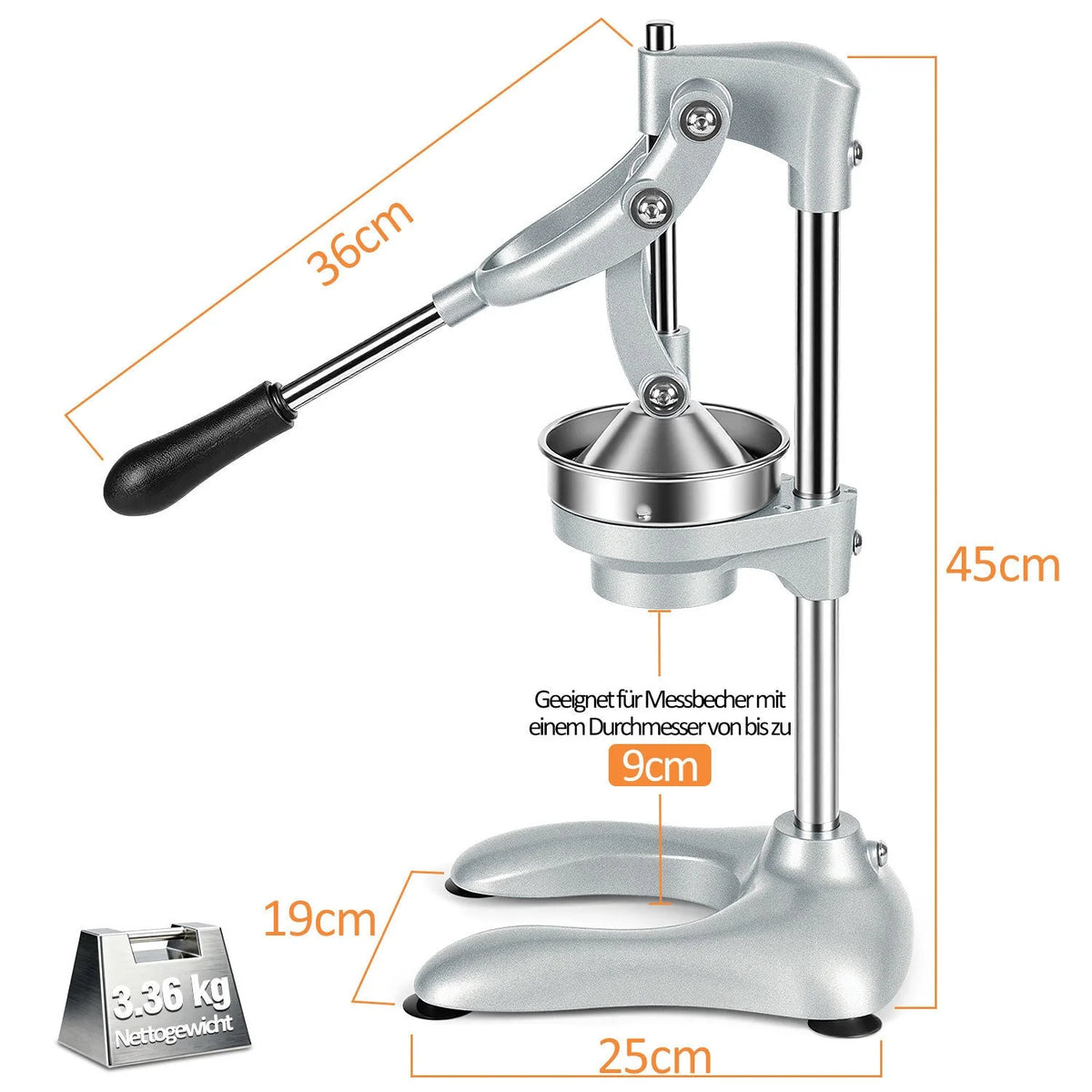 Citrus Juicer | Stainless Steel Lever-Action & Non-Slip Suction Base