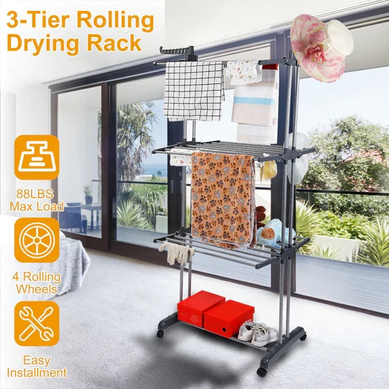 Clothes Drying Rack | 3-Tier Foldable & Wheeled