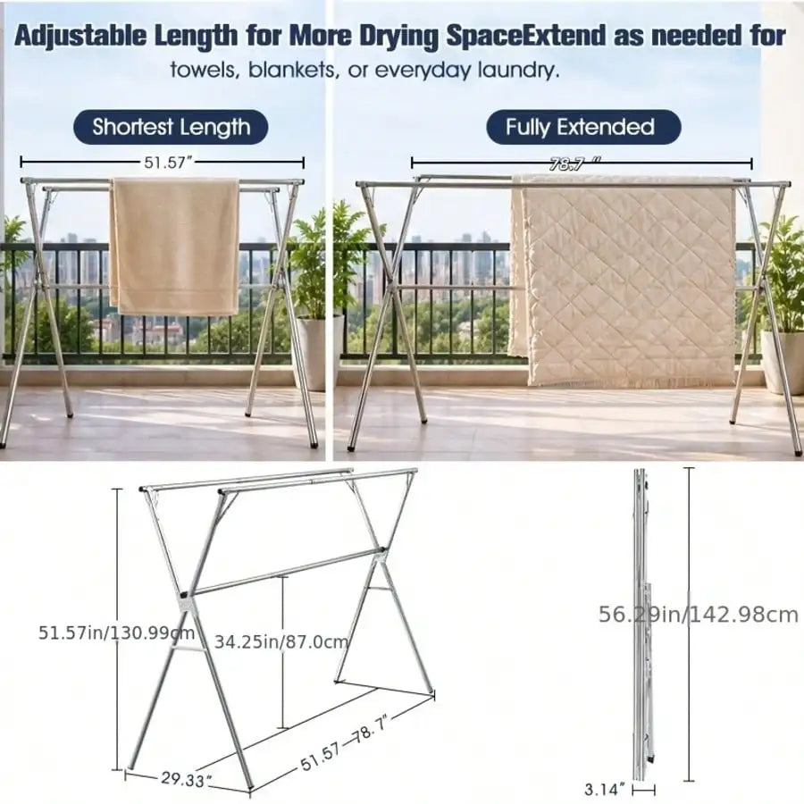 Clothes Drying Rack | Stainless Steel & Adjustable Height & Width | Foldable