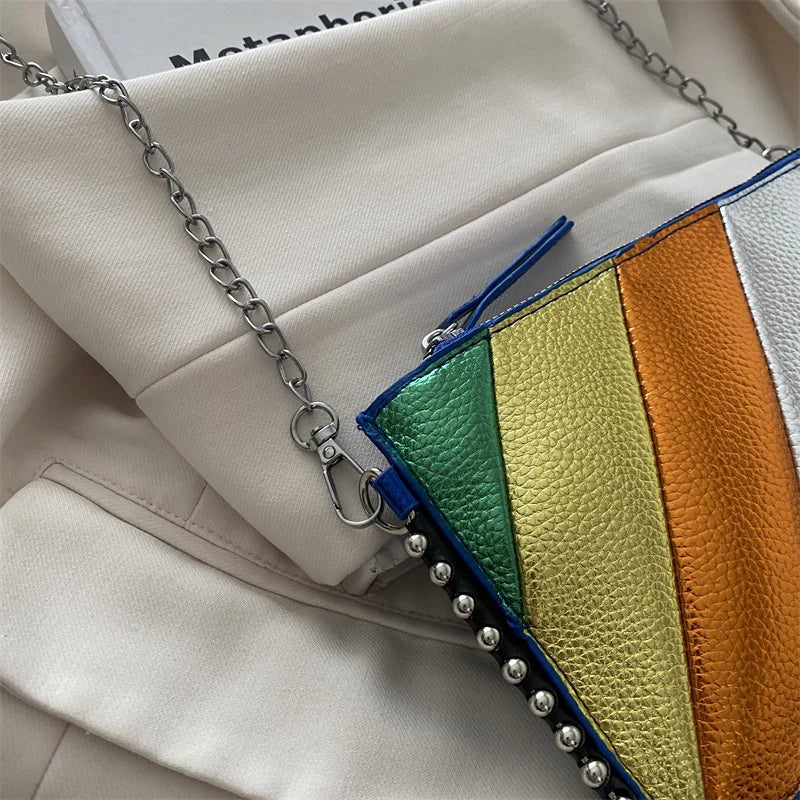 Clutch Bag | Metallic Faux Leather & Colorful Diagonal Stripes