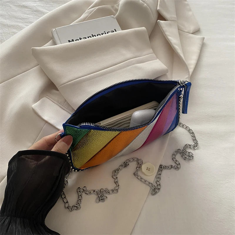Clutch Bag | Metallic Faux Leather & Colorful Diagonal Stripes