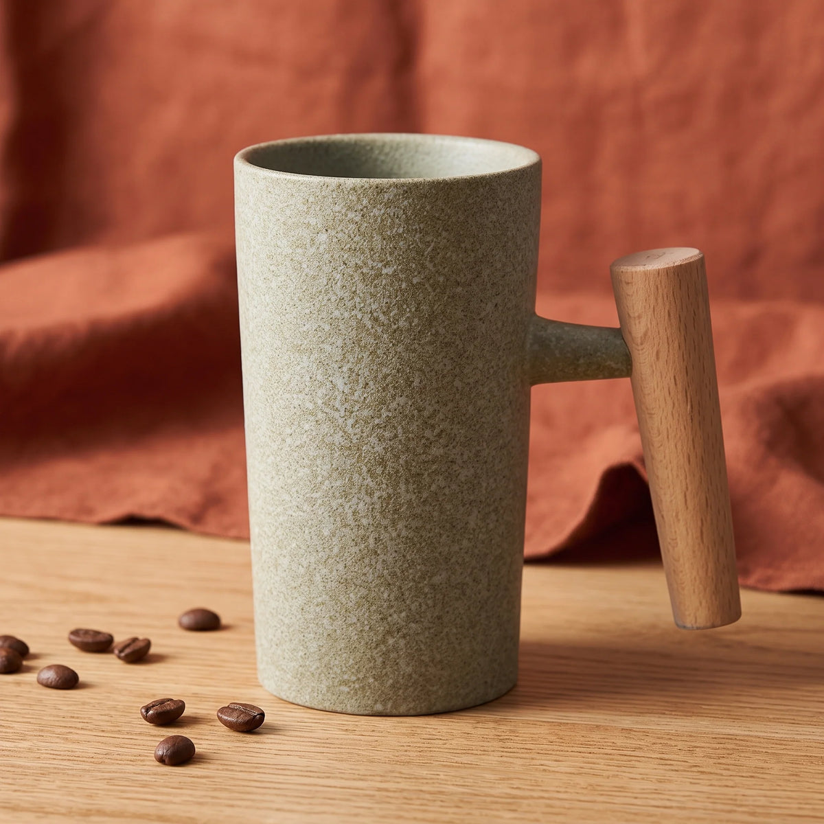 Coffee Mug | Textured Stoneware & Natural Wood Handle | 220 ml