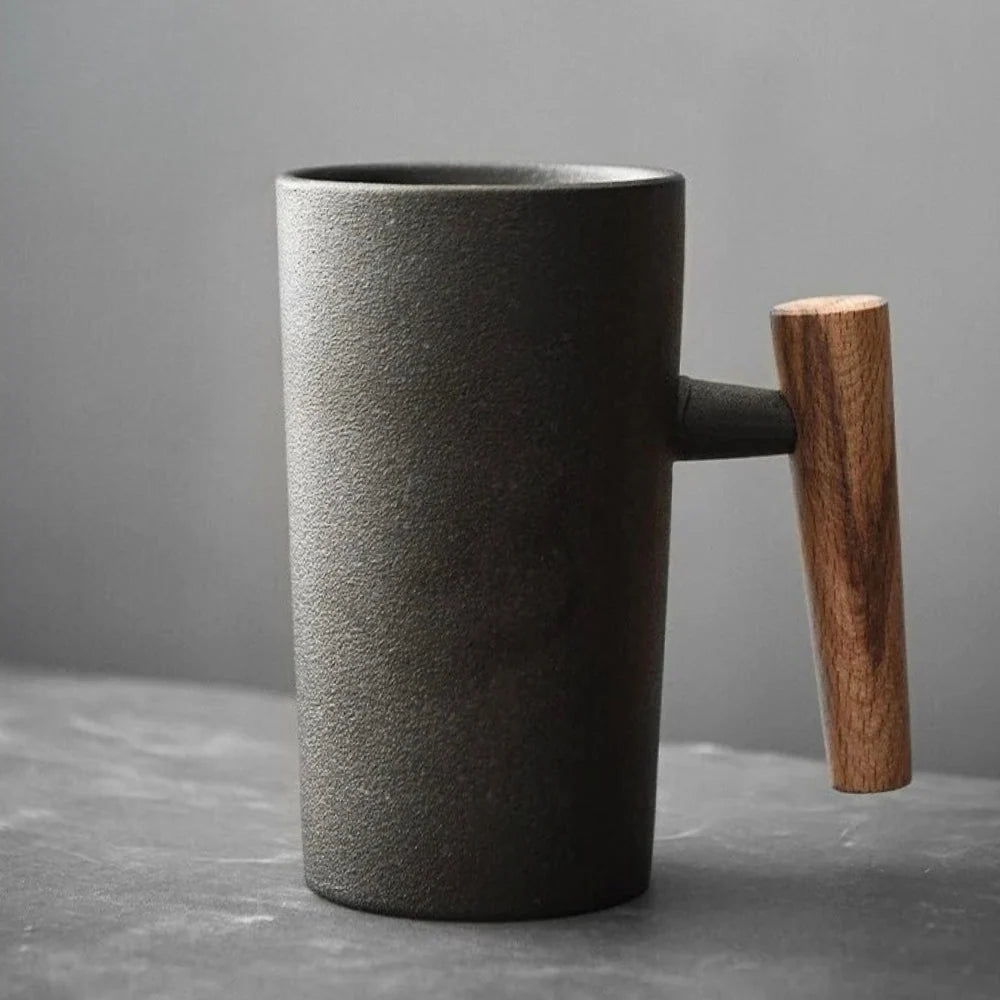 Coffee Mug | Textured Stoneware & Natural Wood Handle | 220 ml