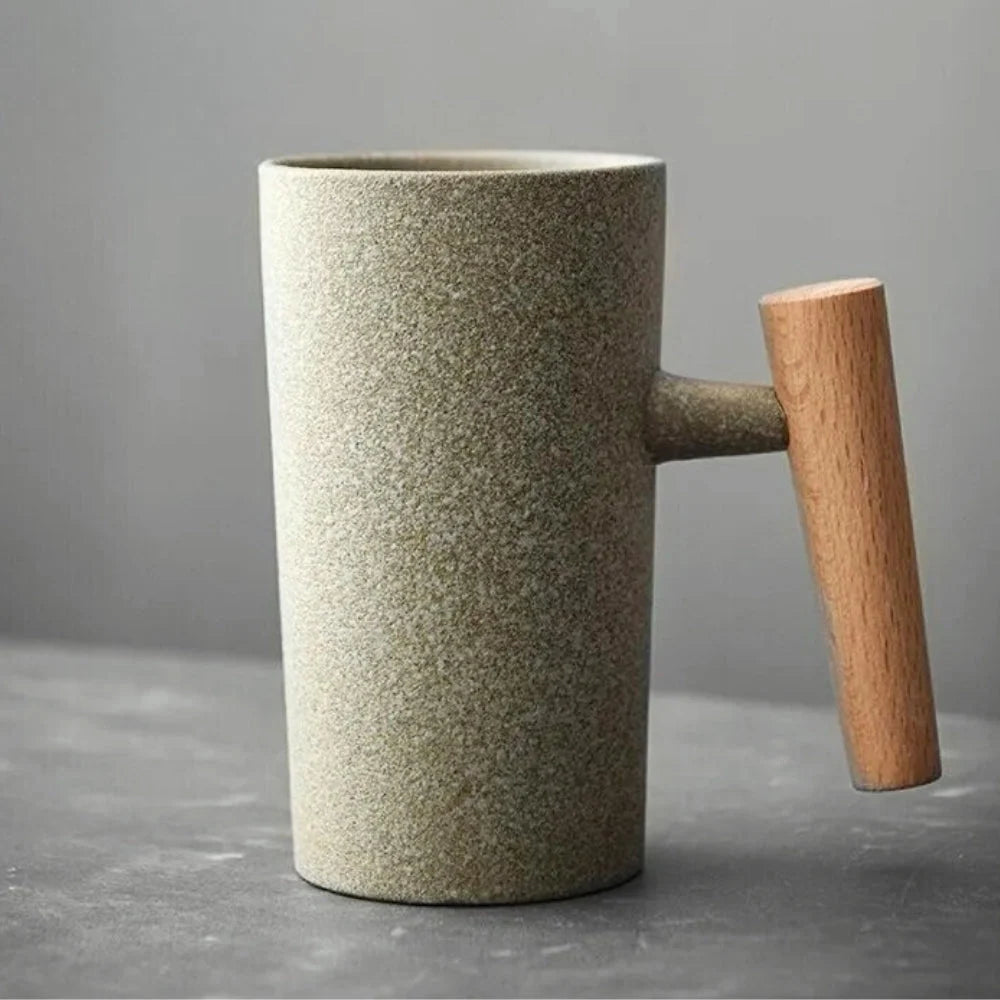 Coffee Mug | Textured Stoneware & Natural Wood Handle | 220 ml