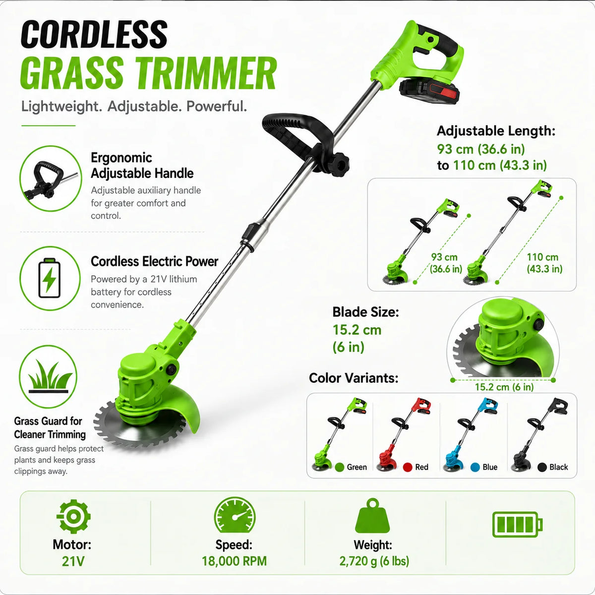 Cordless Grass Trimmer | 21V Motor & Ergonomic Adjustable Handle | 6-Inch Blade