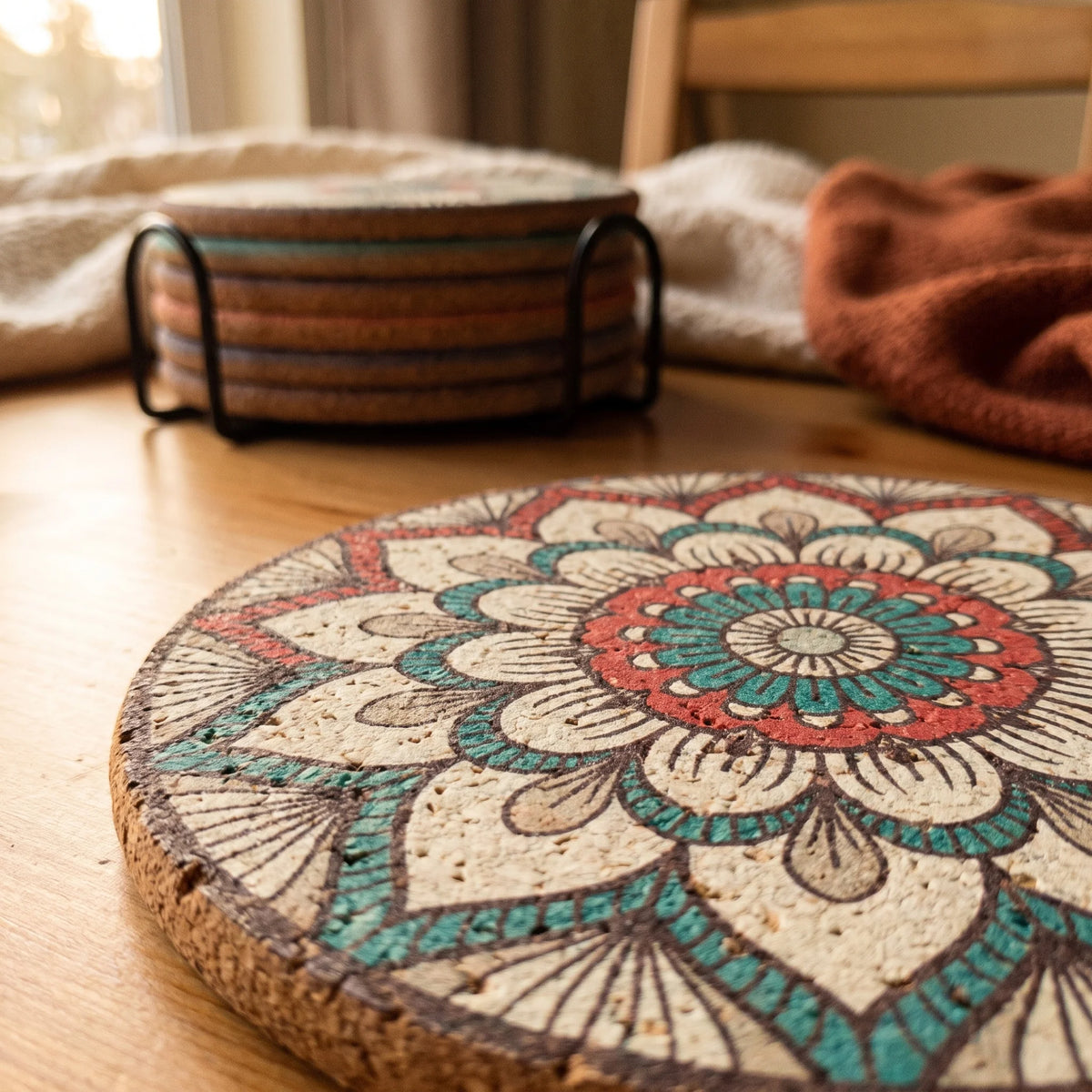 Cork Coasters | Colorful Mandala & Non-Slip | Set of 8 With Metal Holder
