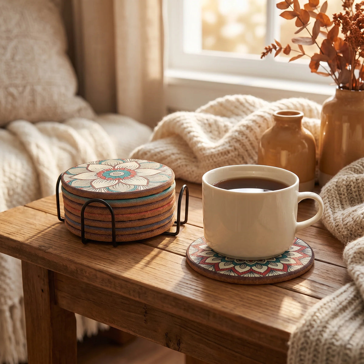 Cork Coasters | Colorful Mandala & Non-Slip | Set of 8 With Metal Holder