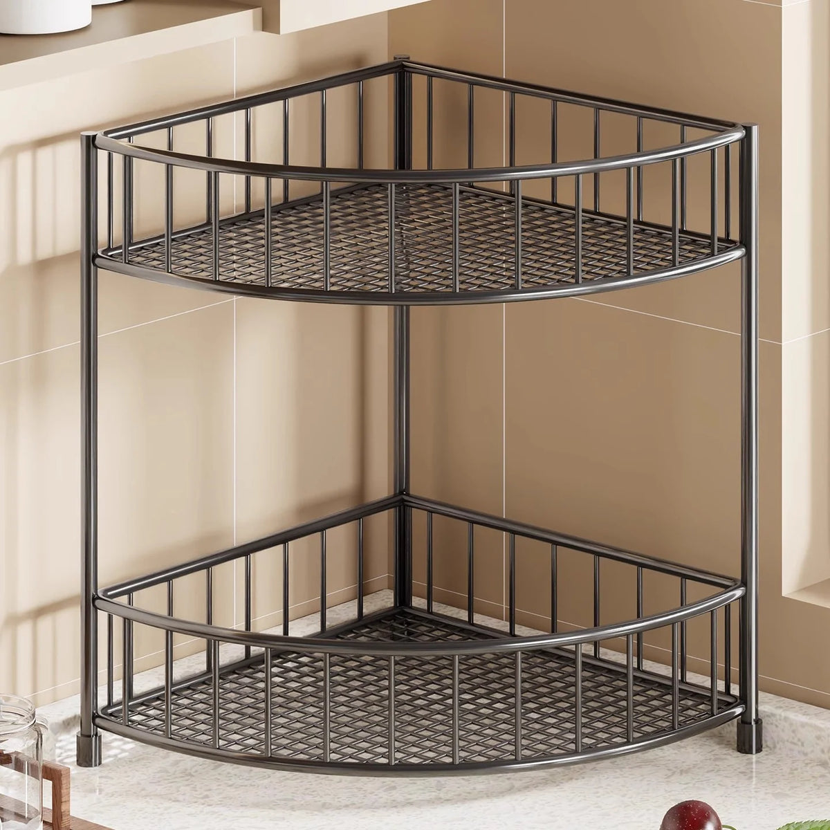 Corner Storage Rack | Three-Tier Mesh Shelves & Raised Rails