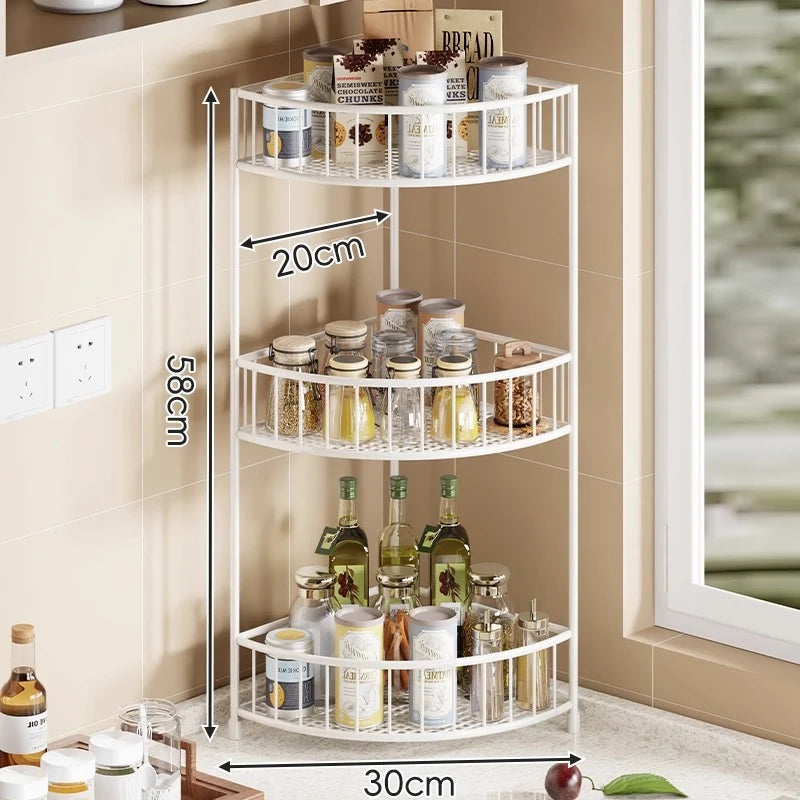 Corner Storage Rack | Three-Tier Mesh Shelves & Raised Rails