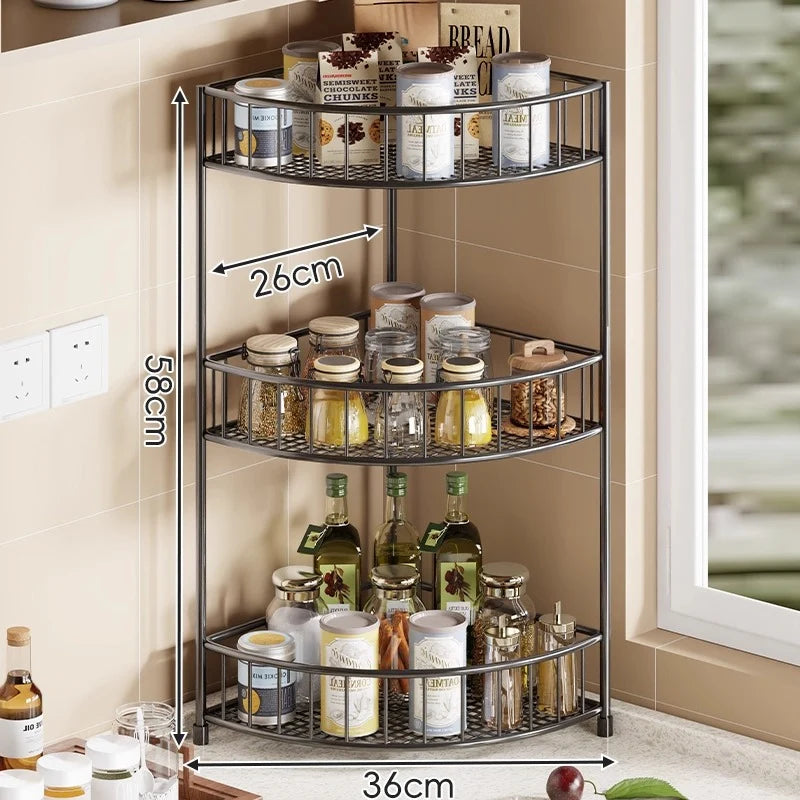 Corner Storage Rack | Three-Tier Mesh Shelves & Raised Rails