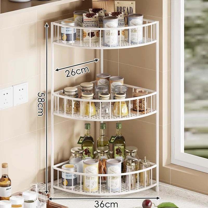 Corner Storage Rack | Three-Tier Mesh Shelves & Raised Rails