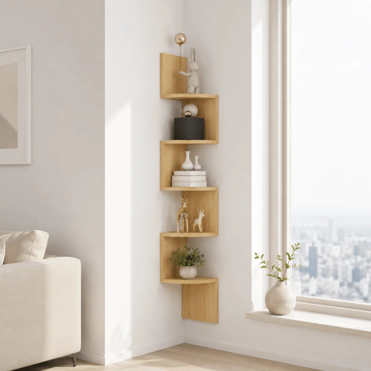 Corner Wall Shelf | Space-Saving Multi-Tier Lacquered MDF | 86 x 20 x 20 cm