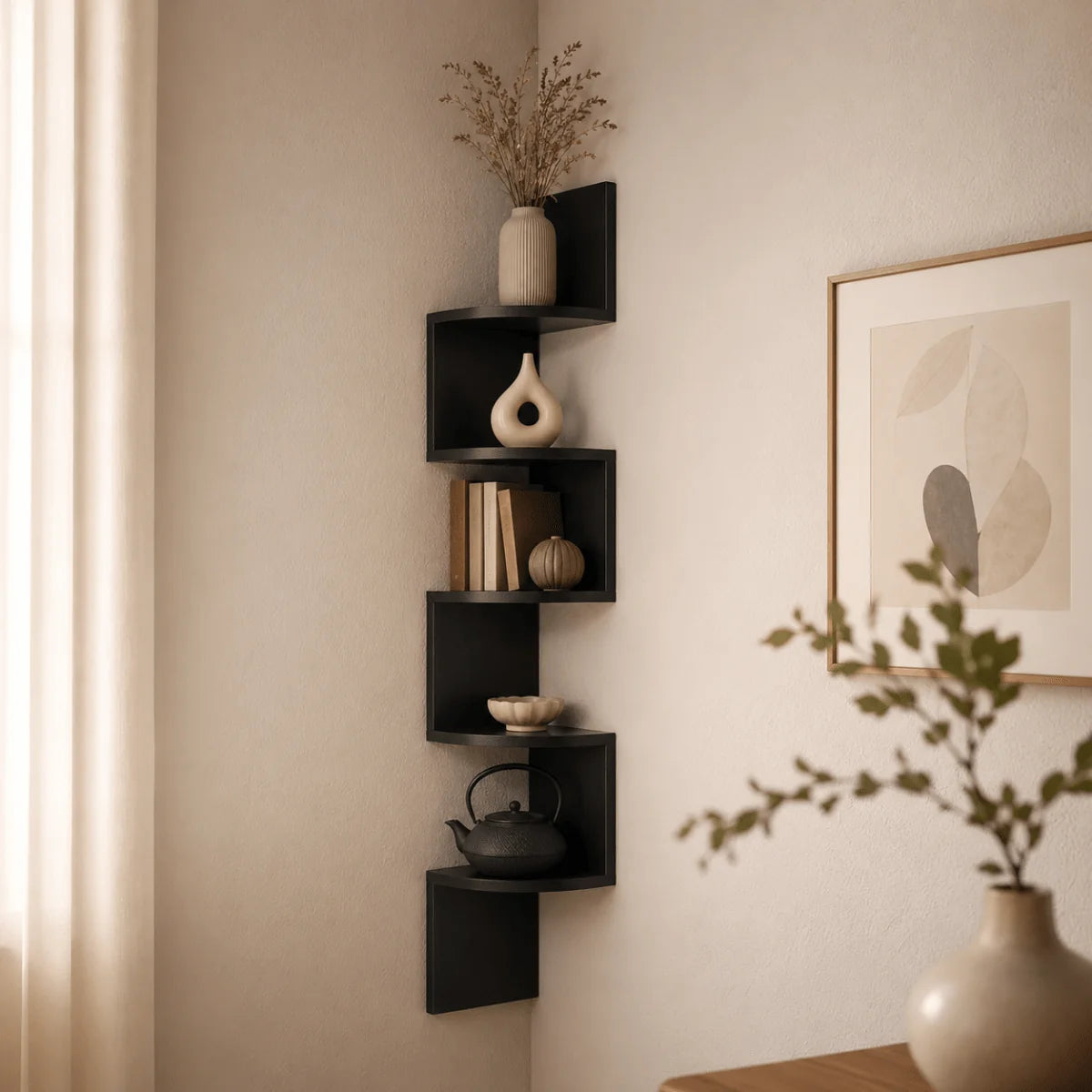 Corner Wall Shelf | Space-Saving Multi-Tier Lacquered MDF | 86 x 20 x 20 cm