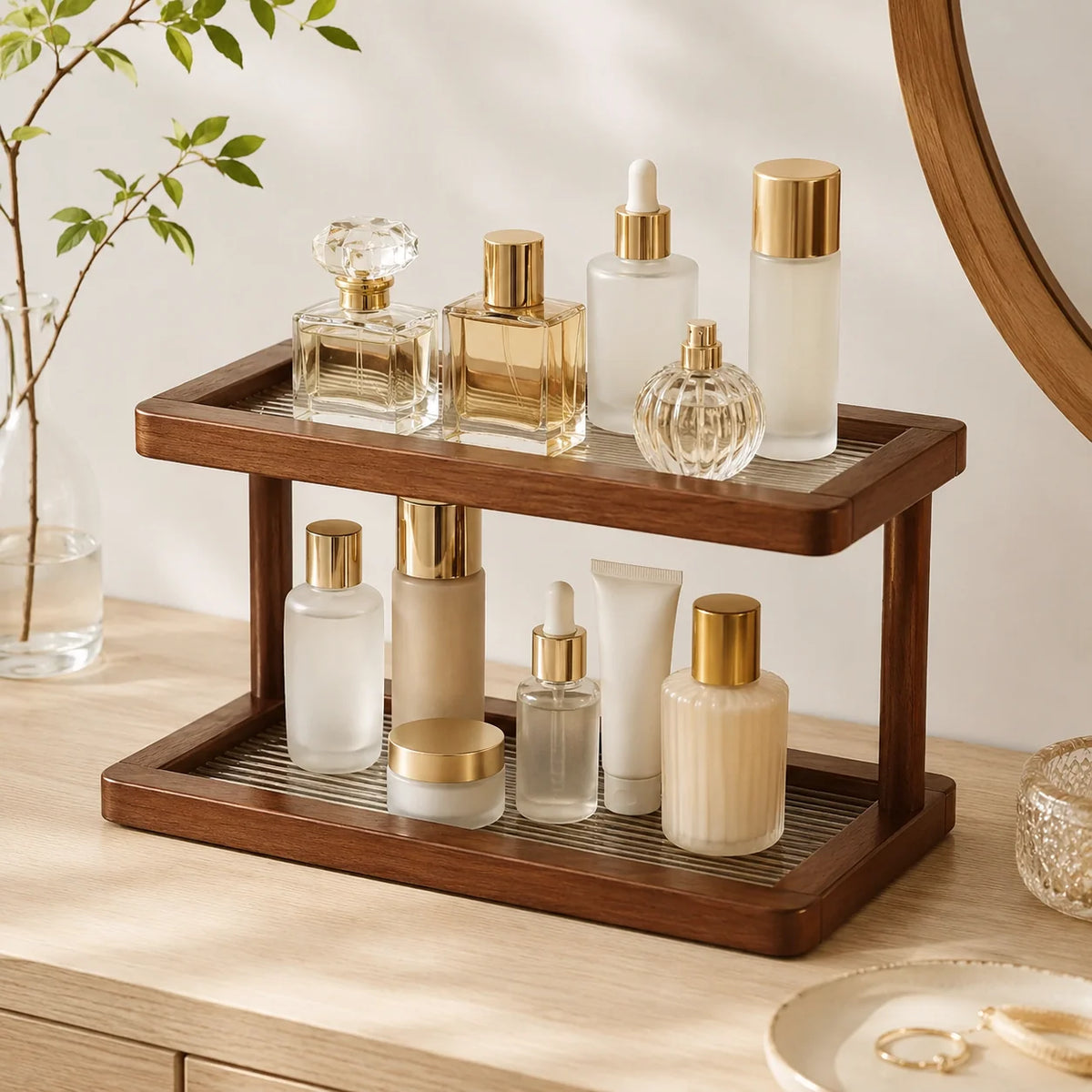 Countertop Shelf | Two-Tier Bamboo Organizer | Raised-Lip Trays