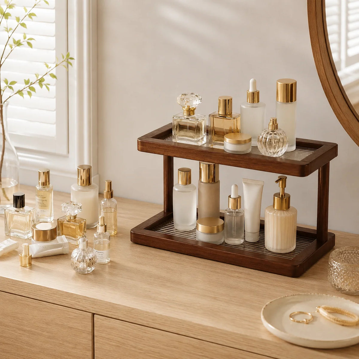 Countertop Shelf | Two-Tier Bamboo Organizer | Raised-Lip Trays