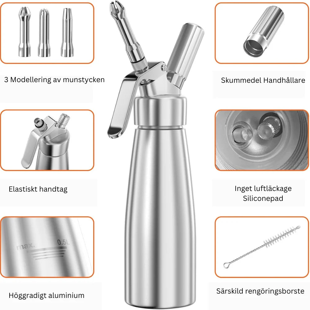 Cream Whipper | Aluminum & 3 Decorating Nozzles | 500 ml
