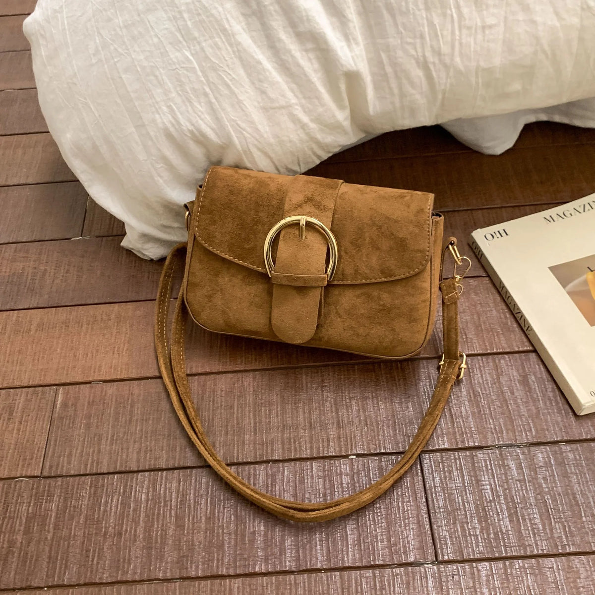 Crossbody Bag | Soft Suede & Circular Buckle | Adjustable Strap