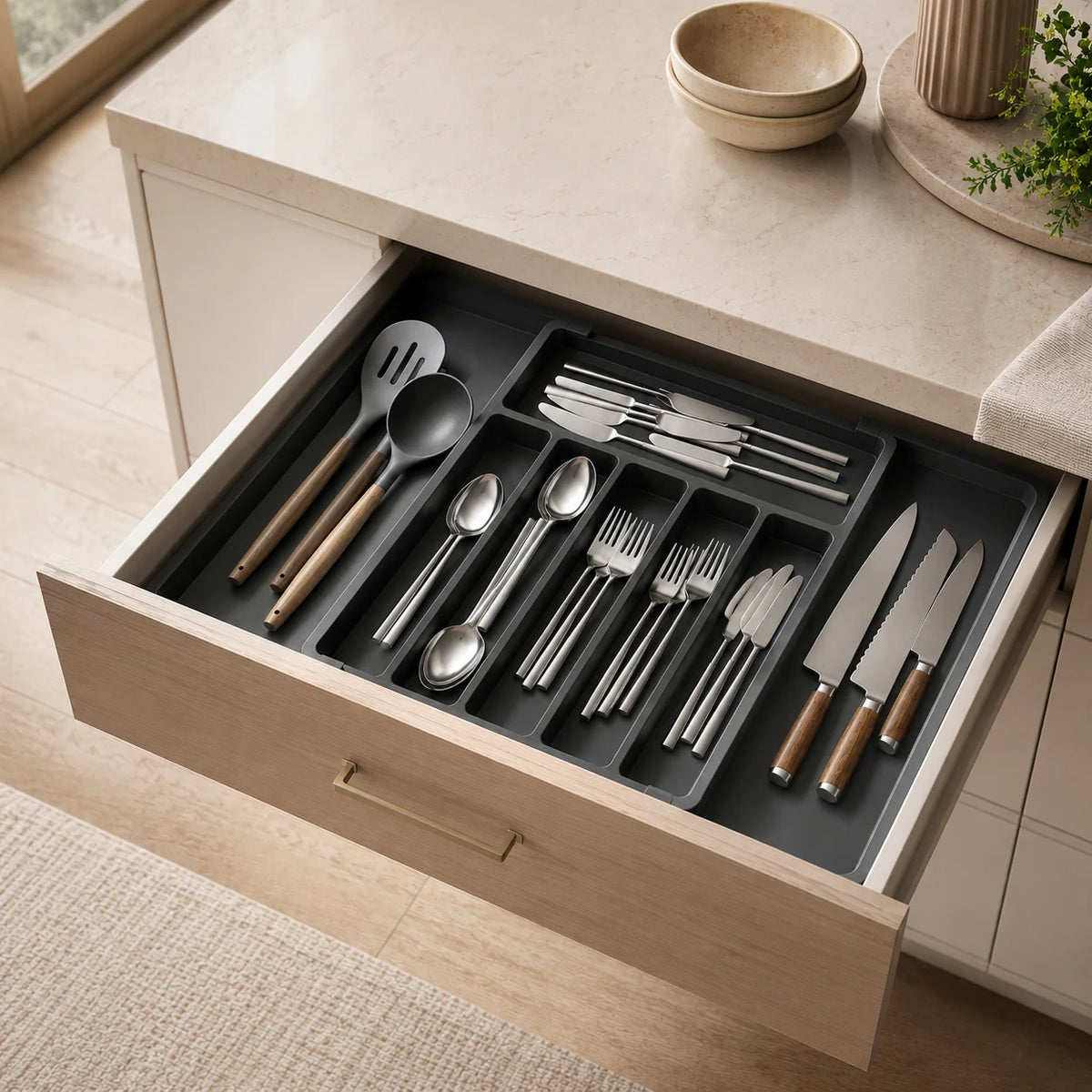 Cutlery Drawer Organizer | Expandable & Divided Compartments | Non-Slip Base