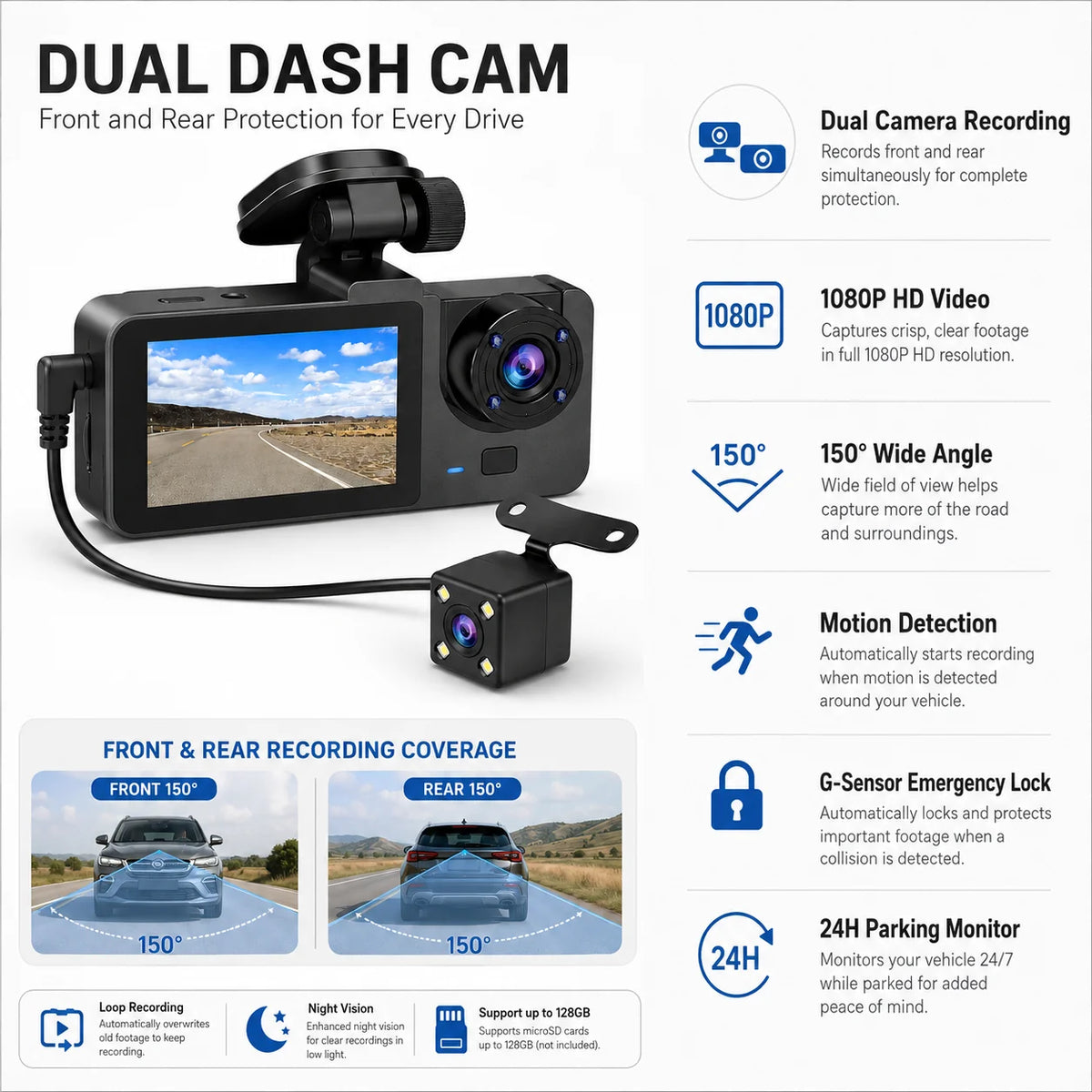Dash Cam | Dual Camera & 150° Wide-Angle & Motion Detection