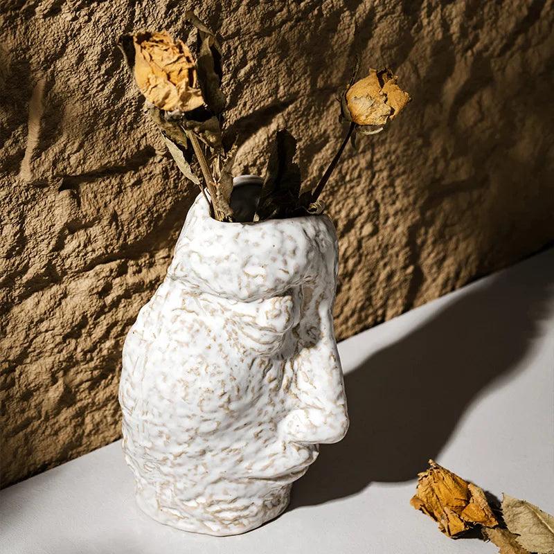 Decorative Flower Vase | Face-Inspired White Ceramic | Desk & Shelf Accent