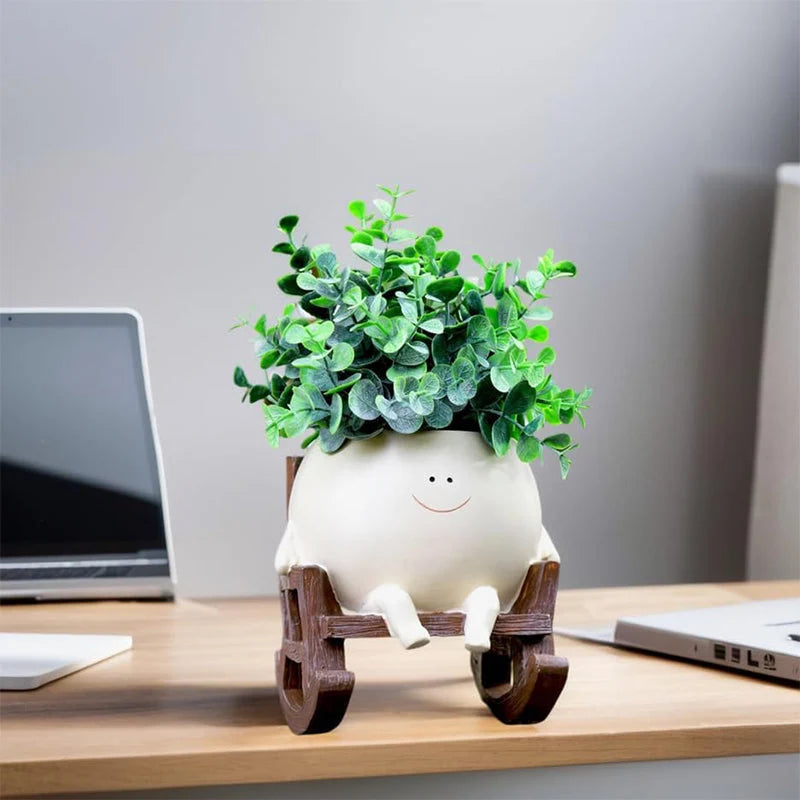 Decorative Plant Pot | Smiley Face & Resin | Compact Tabletop