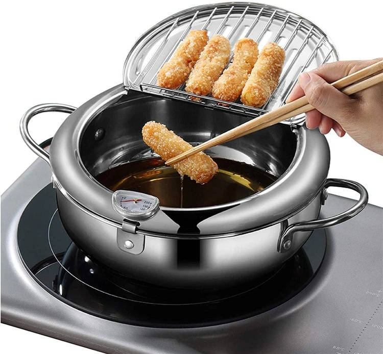 Deep Frying Pot | 304 Stainless Steel & Built-In Thermometer | Splash Guard Lid