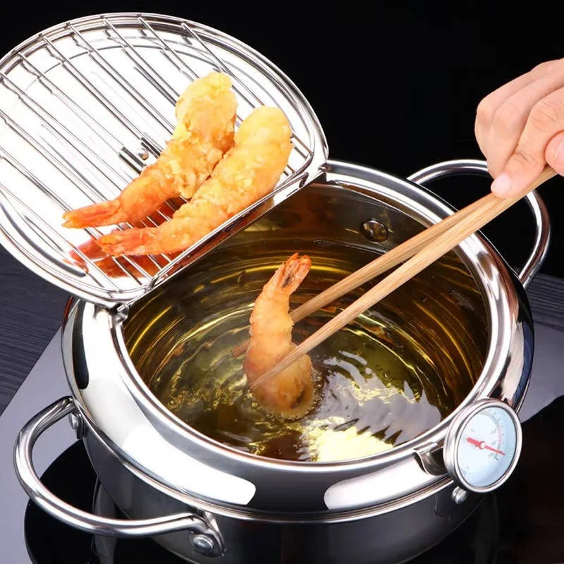 Deep Frying Pot | 304 Stainless Steel & Built-In Thermometer | Splash Guard Lid