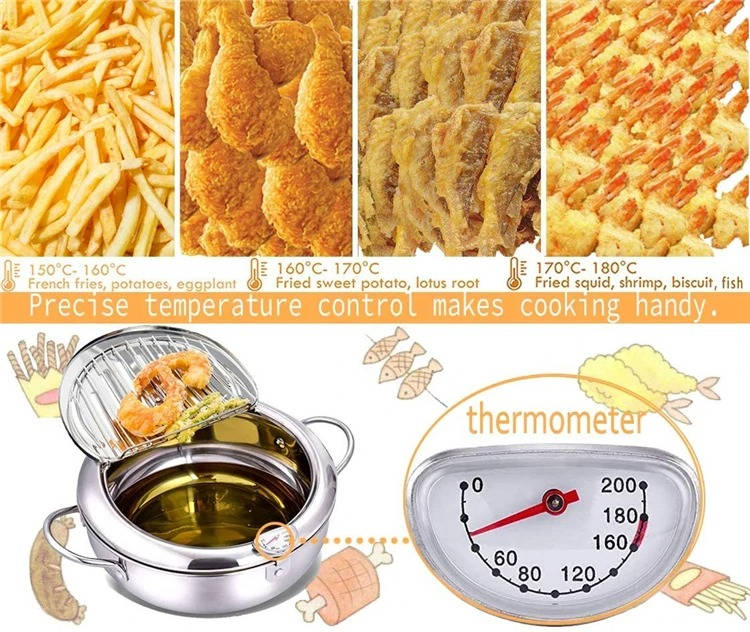 Deep Frying Pot | 304 Stainless Steel & Built-In Thermometer | Splash Guard Lid