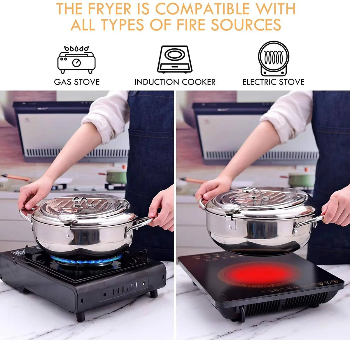 Deep Frying Pot | 304 Stainless Steel & Built-In Thermometer | Splash Guard Lid