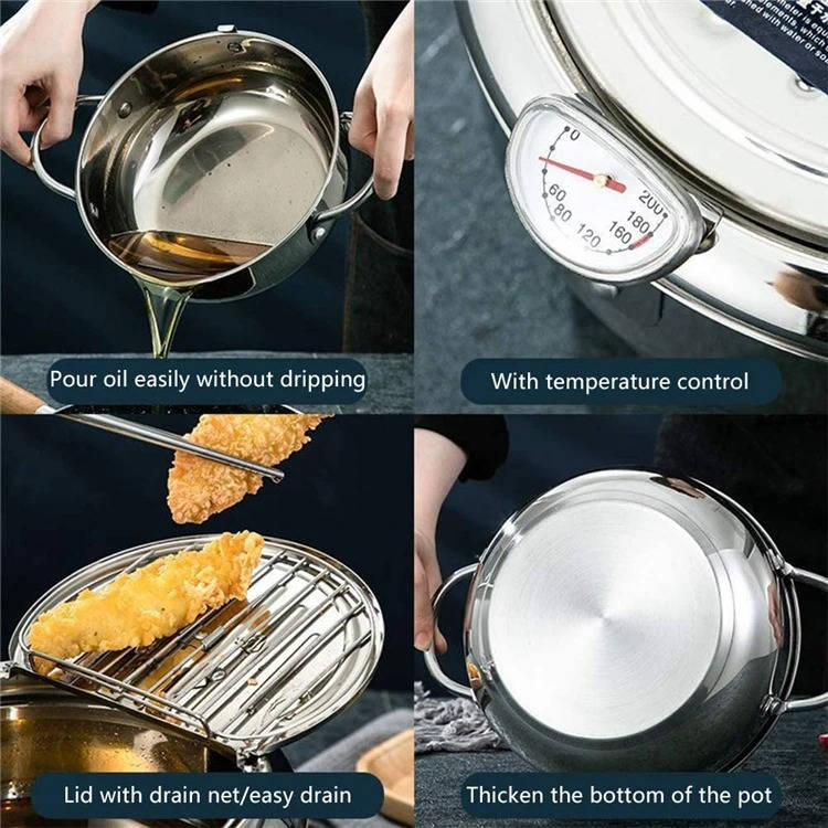 Deep Frying Pot | 304 Stainless Steel & Built-In Thermometer | Splash Guard Lid