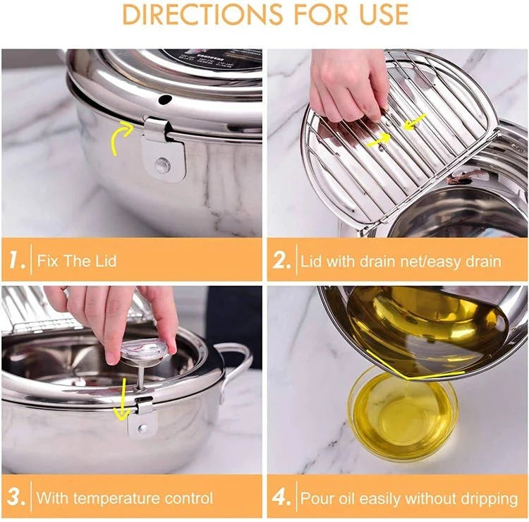 Deep Frying Pot | 304 Stainless Steel & Built-In Thermometer | Splash Guard Lid