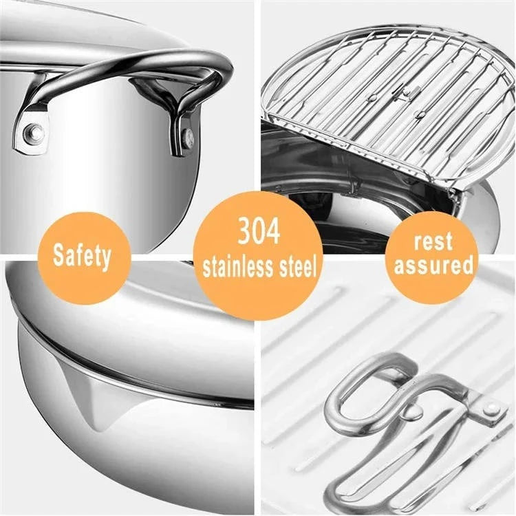Deep Frying Pot | 304 Stainless Steel & Built-In Thermometer | Splash Guard Lid