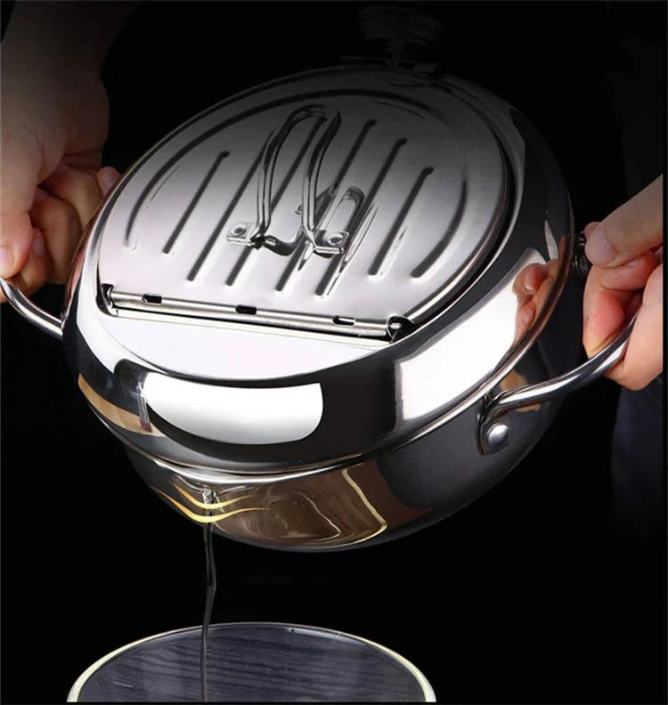 Deep Frying Pot | 304 Stainless Steel & Built-In Thermometer | Splash Guard Lid