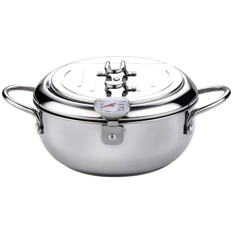 Deep Frying Pot | 304 Stainless Steel & Built-In Thermometer | Splash Guard Lid