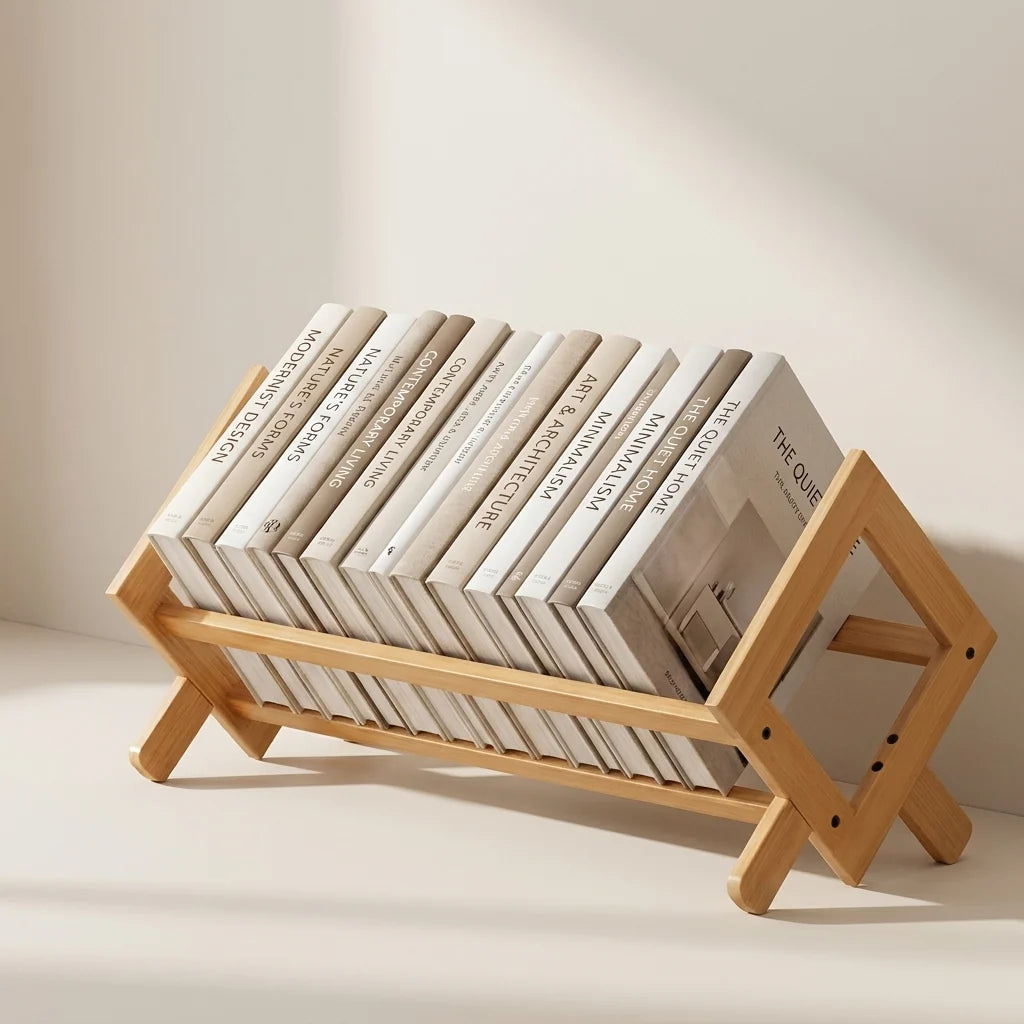 Desk Bookshelf Organizer | Bamboo Open Slat Cradle & X-Frame