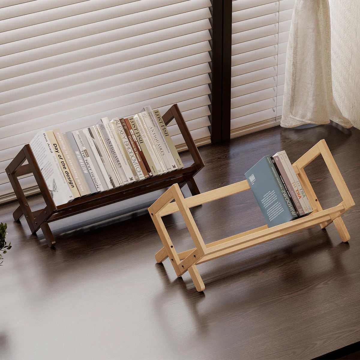 Desk Bookshelf Organizer | Bamboo Open Slat Cradle & X-Frame