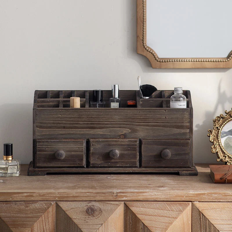 Desk Organizer | Rustic Wood & Open Compartments | 3 Drawers