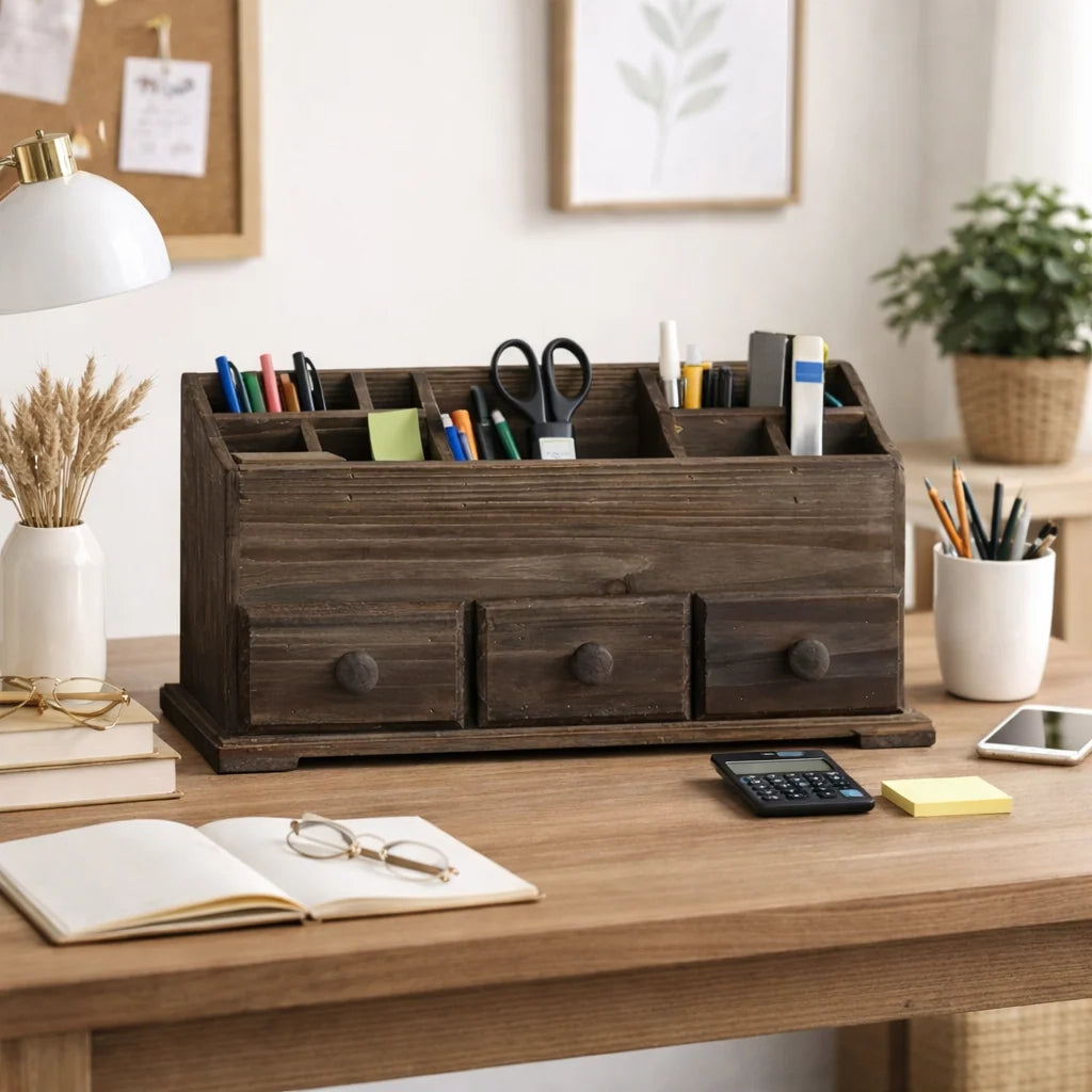 Desk Organizer | Rustic Wood & Open Compartments | 3 Drawers