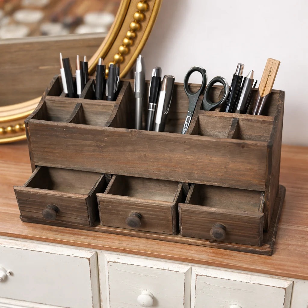 Desk Organizer | Rustic Wood & Open Compartments | 3 Drawers