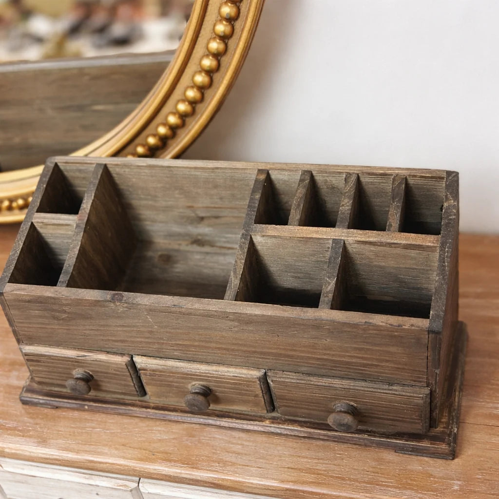 Desk Organizer | Rustic Wood & Open Compartments | 3 Drawers
