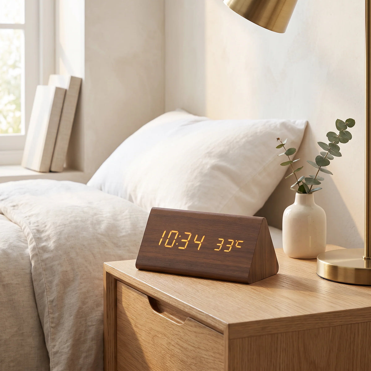 Digital Alarm Clock | Wood Grain LED Display & Voice Control
