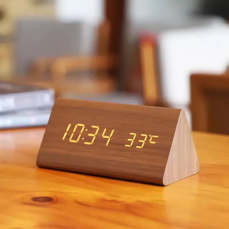 Digital Alarm Clock | Wood Grain LED Display & Voice Control