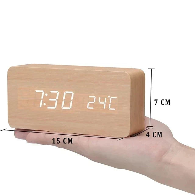 Digital Alarm Clock | Wood Grain LED Display & Voice Control