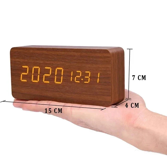 Digital Alarm Clock | Wood Grain LED Display & Voice Control