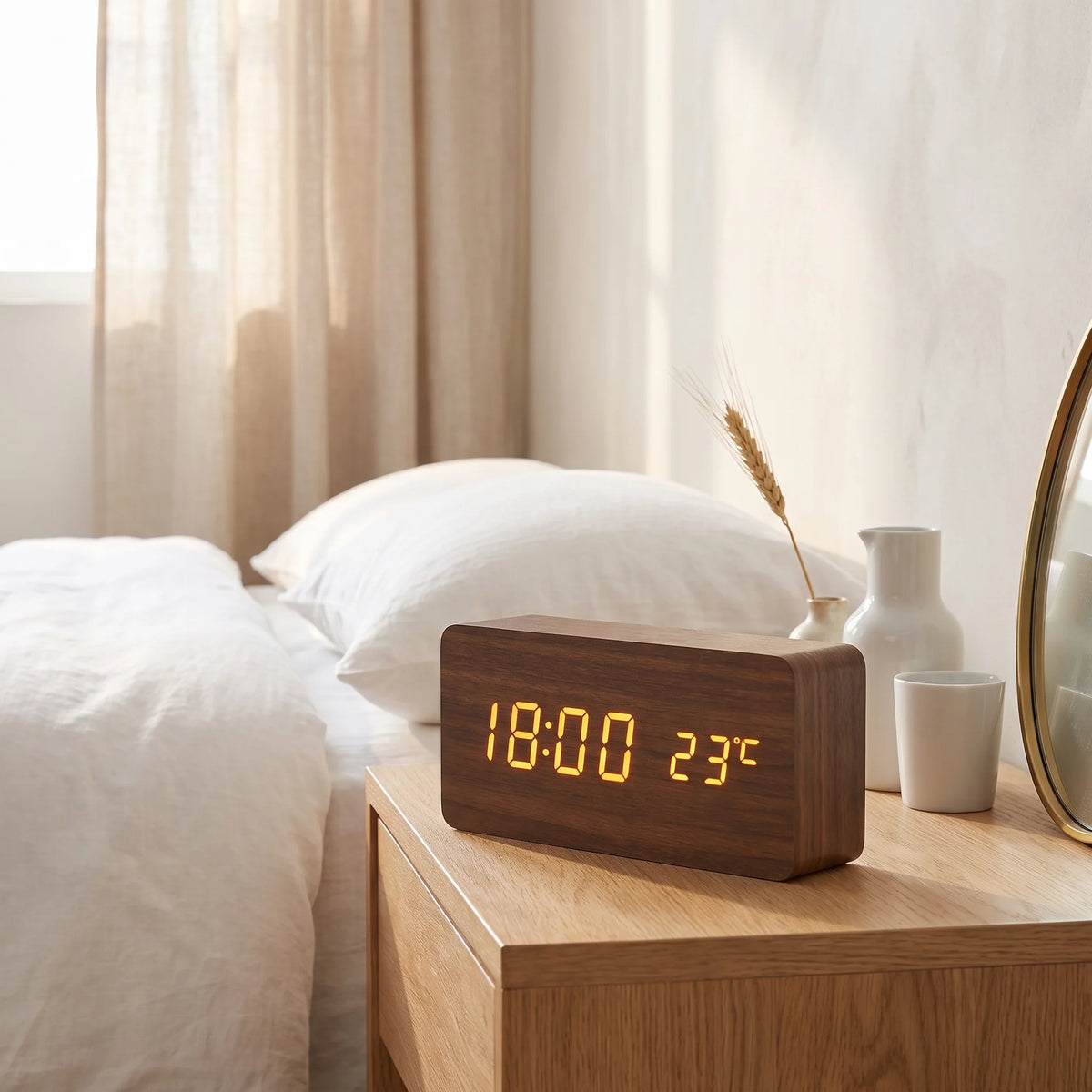 Digital Alarm Clock | Wood Grain LED Display & Voice Control