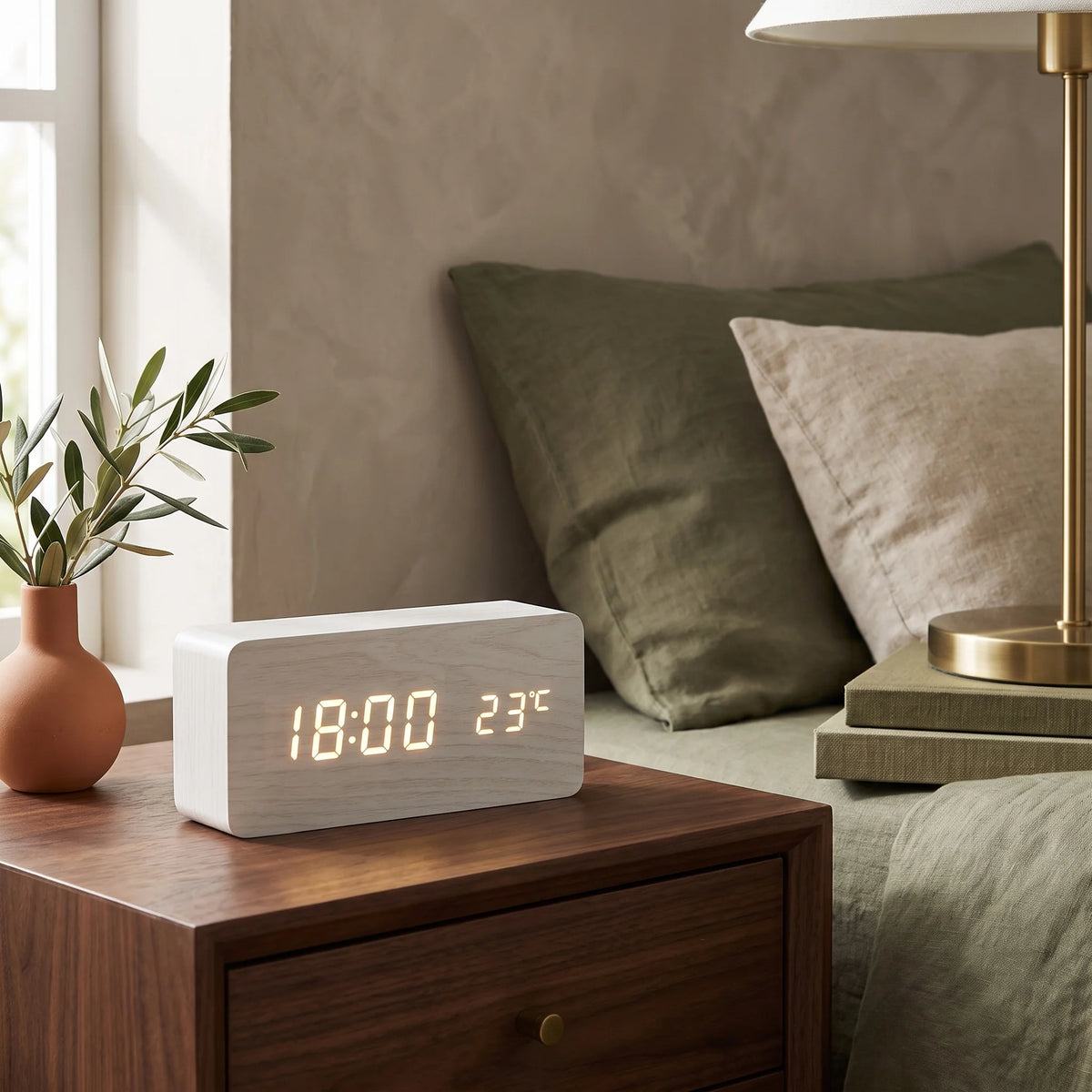 Digital Alarm Clock | Wood Grain LED Display & Voice Control
