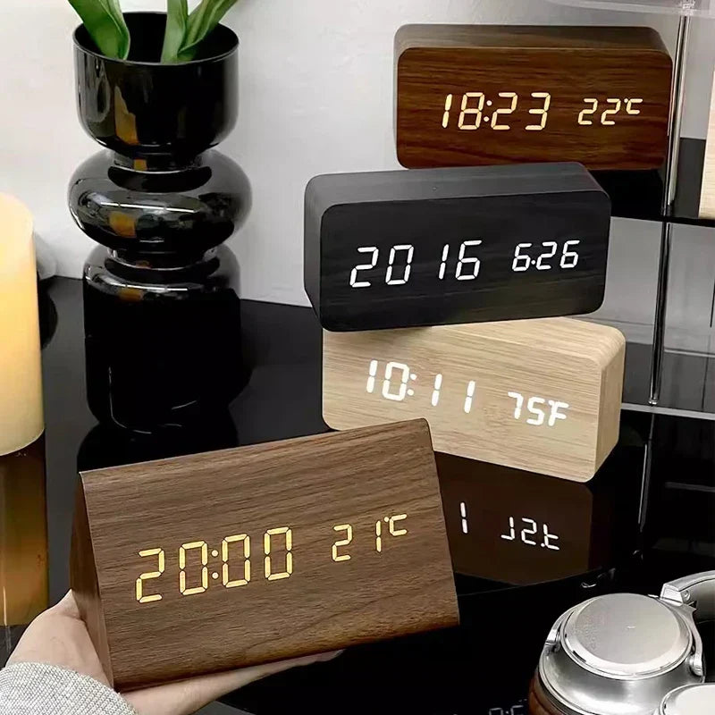 Digital Alarm Clock | Wood Grain LED Display & Voice Control